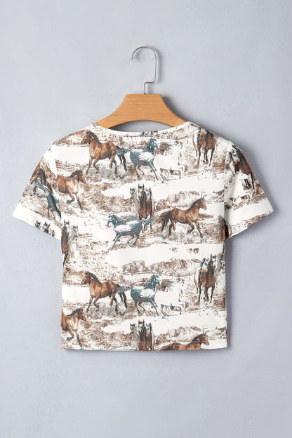 White Western Galloping Horses Printed Slim Fit T Shirt - Snoopy's Closet