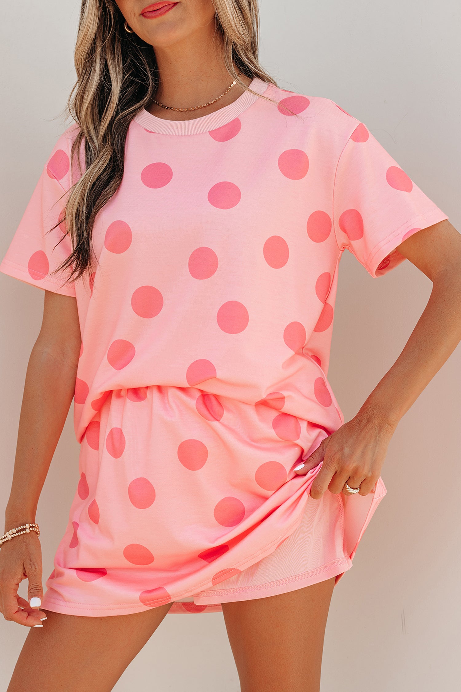Pink Polka Dot Short Sleeve Top Casual Skort 2pcs Outfit - Snoopy's Closet