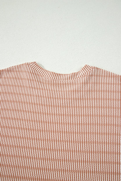 Khaki Stripe Raised Rib Loose Tee Drawstring Elastic Waist 2pcs Short Set