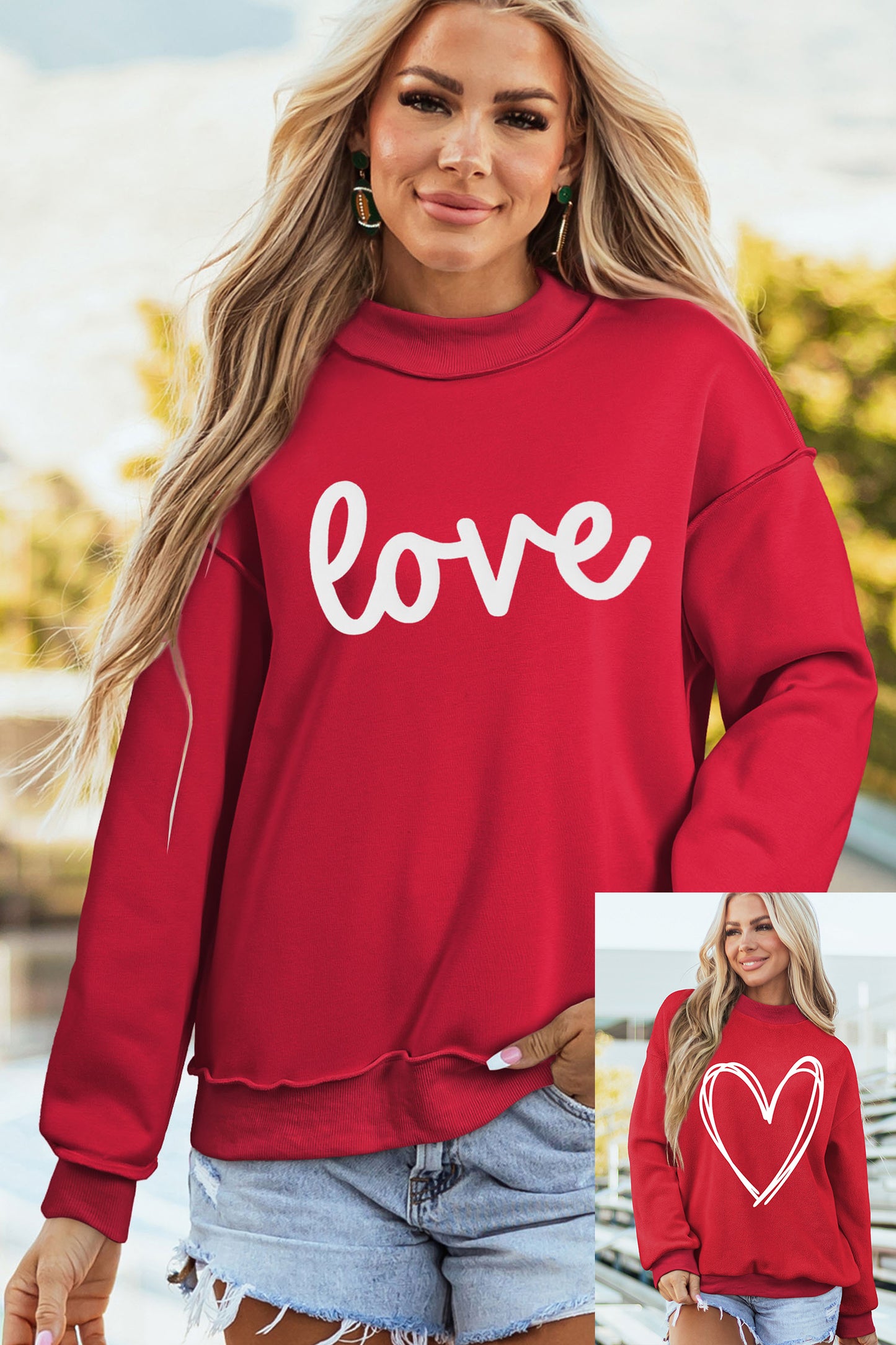 Racing Red Valentines Day Heart Love Script Reversible Printed Double Wear Mock Neck Sweatshirt - Snoopy's Closet