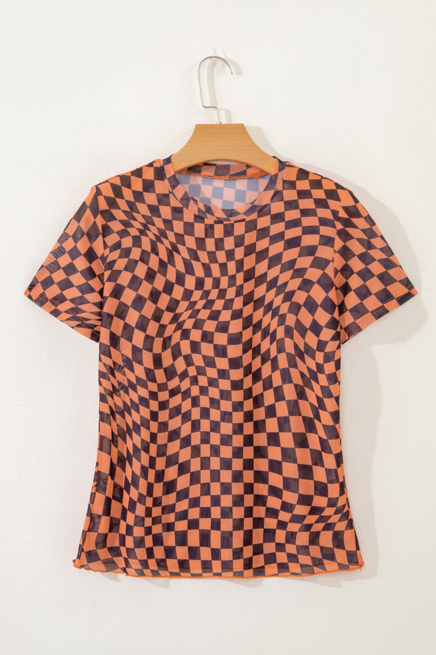 Orange Checkered Print Crew Neck Mesh T Shirt - Snoopy's Closet
