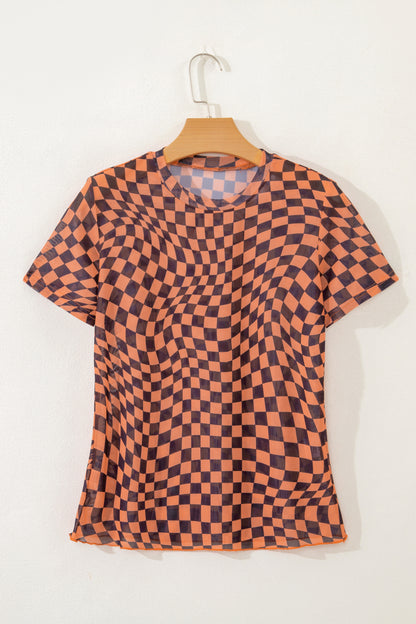 Orange Checkered Print Crew Neck Mesh T Shirt - Snoopy's Closet