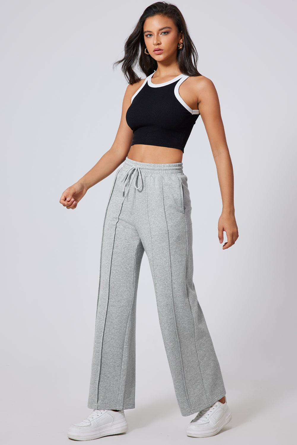 Pantalones de chándal de pernera ancha, cintura alta con cordón y costuras grises