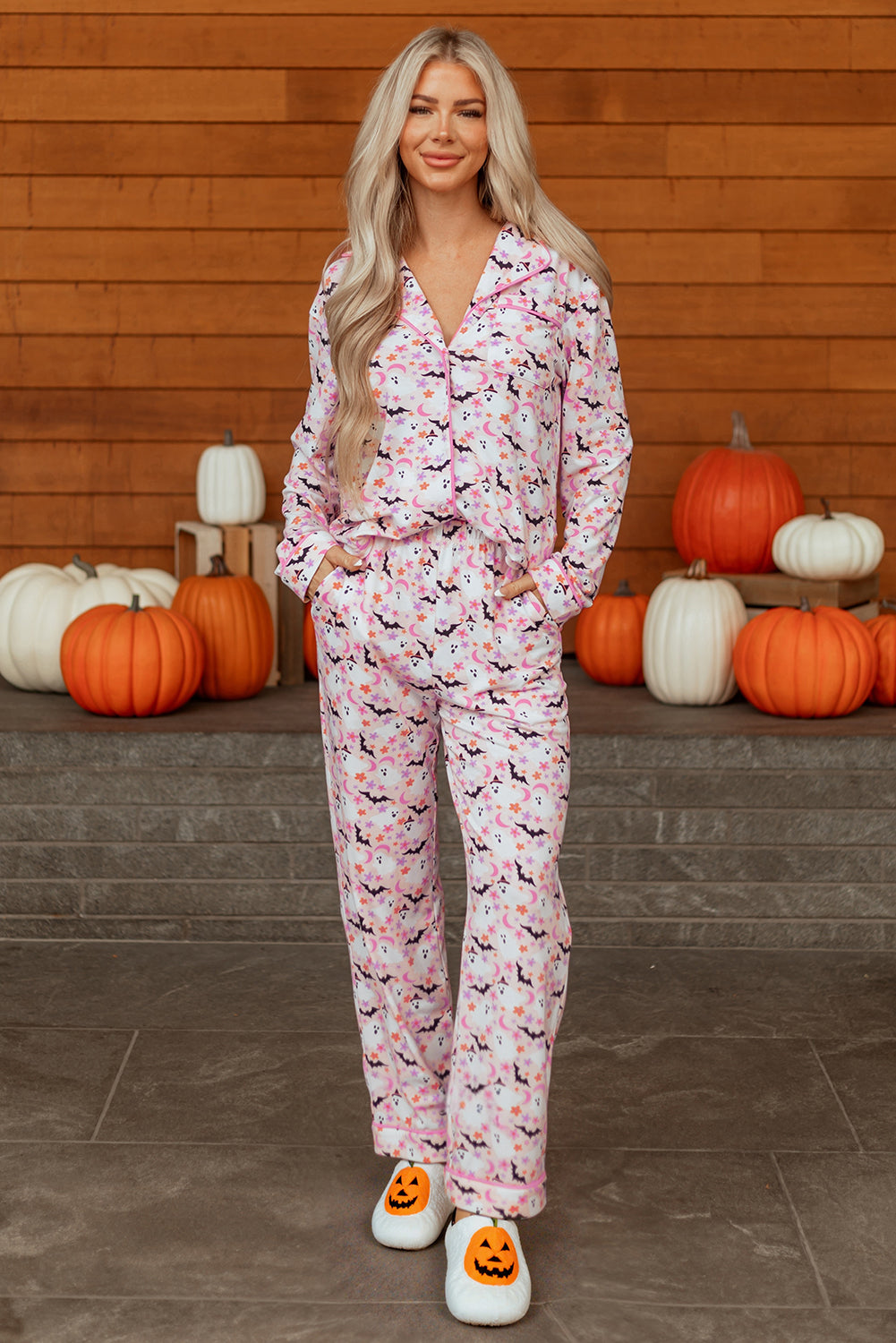 Pink Halloween Eve Haunted Honey Bat Print Pajama Set - Snoopy's Closet