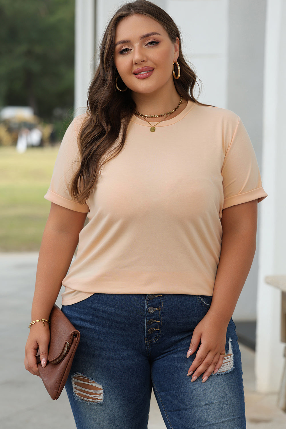 Khaki Casual Plain Crew Neck Tee - Snoopy's Closet