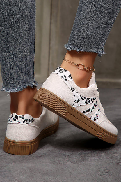 White Suede Leopard Color Block Trim Lace-up Casual Shoes - Snoopy's Closet