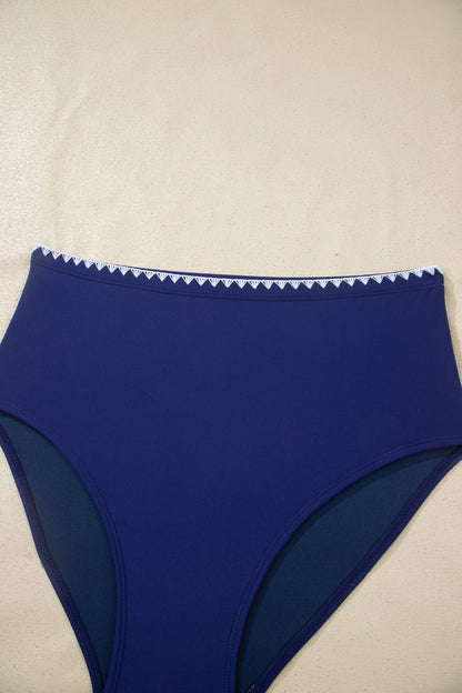 Dark Blue Shell Stitched Trim V Neck Textured Mix and Match High Waist Bikinis - Snoopy's Closet
