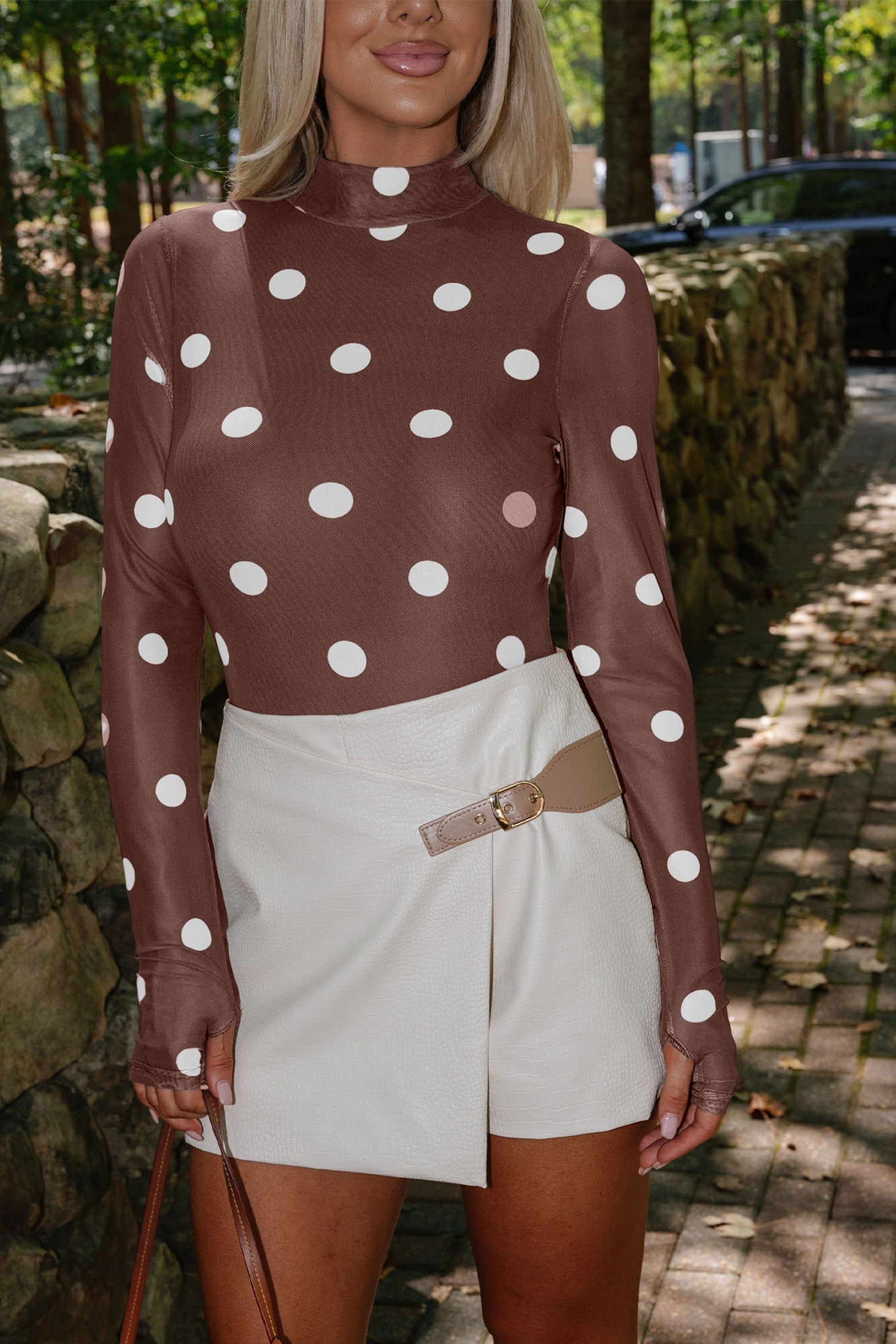 Brown Vintage Polka Dot Print Mesh Long Sleeve Bodysuit - Snoopy's Closet