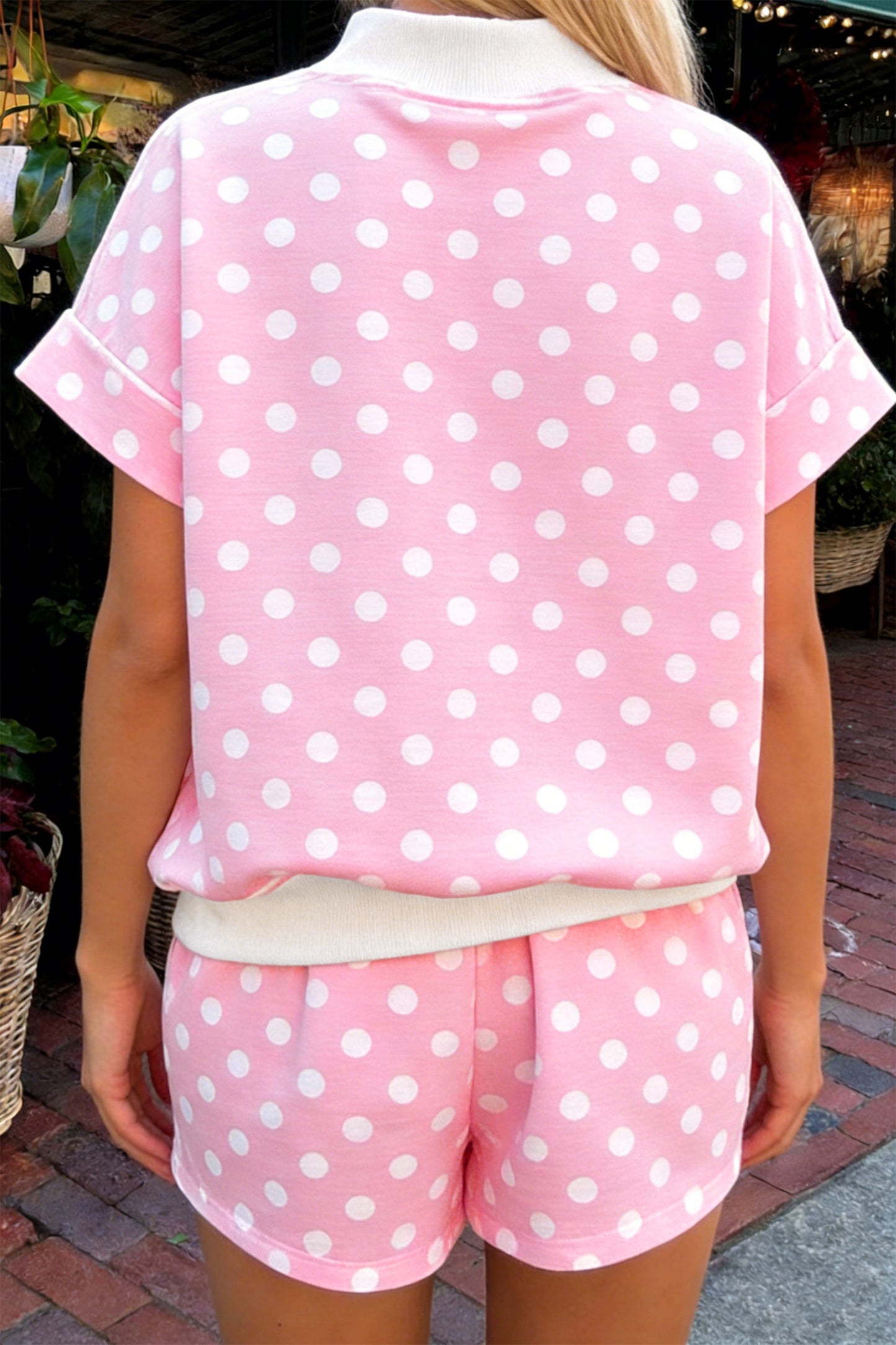 Sky Blue Polka Dot Print Color Block Trim Mock Neck Short Set - Snoopy's Closet