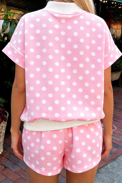 Sky Blue Polka Dot Print Color Block Trim Mock Neck Short Set - Snoopy's Closet