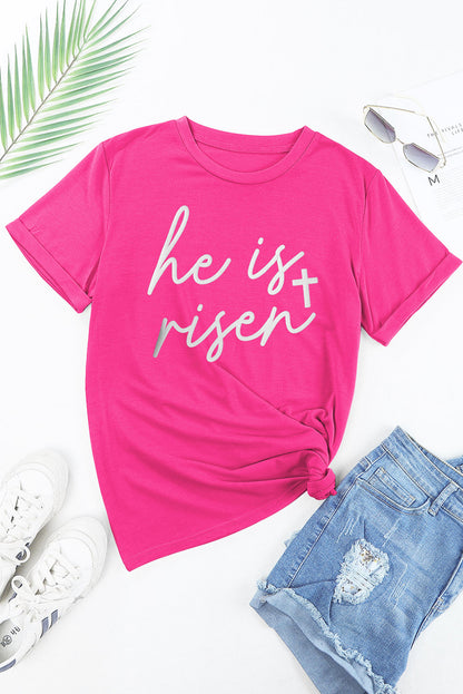 Camiseta con cuello redondo y estampado de cruz "Él ha resucitado" con purpurina rojo rosa