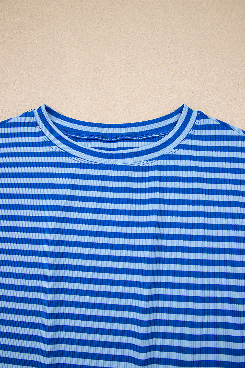 Sky Blue Stripe Ribbed Cap Sleeve Round Neck T Shirt - Snoopy's Closet