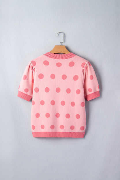 Rose Red Polka Dot Puff Short Sleeve Sweater Top