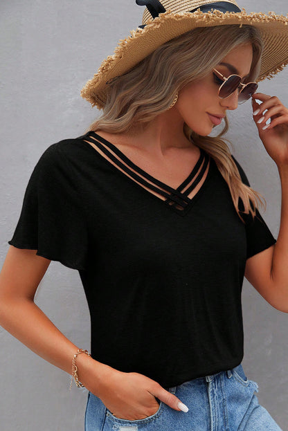 Black Crisscross V Neck Butterfly Sleeve T Shirt - Snoopy's Closet