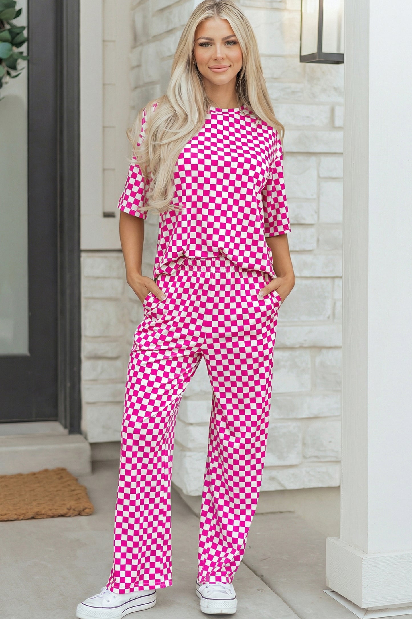 Khaki Checkered Print Half Sleeve Tee 2pcs Lounge Pant Set - Snoopy's Closet