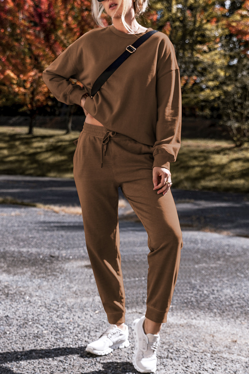 Coffee Solid Color High Low Pullover and Skinny Pants Set - Snoopy's Closet