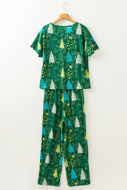 Conjunto de salón de camiseta con cuello en V y pantalones con estampado de árbol de Navidad verde