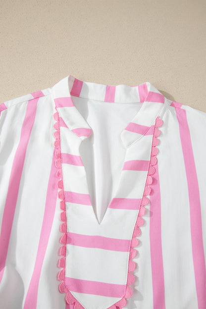 Pink Stripe Plus Size V Neck Short Puff Sleeve Tiered Maxi Dress - Snoopy's Closet