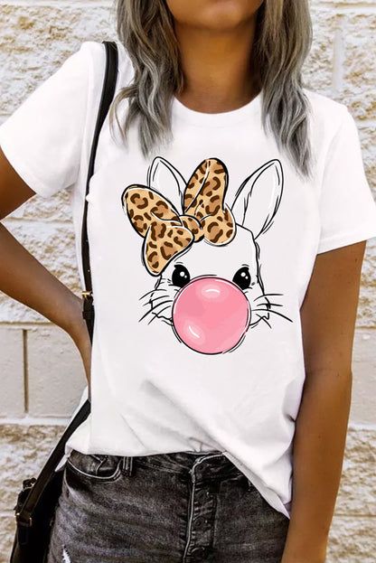 Camiseta estampada de conejo con lazo de leopardo blanco y burbujas