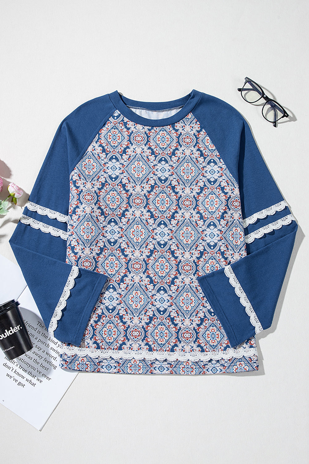 Blue Geometric Printed Lace Patchwork Ric Rac Raglan Long Sleeve Top - Snoopy's Closet