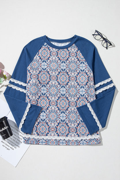 Blue Geometric Printed Lace Patchwork Ric Rac Raglan Long Sleeve Top - Snoopy's Closet