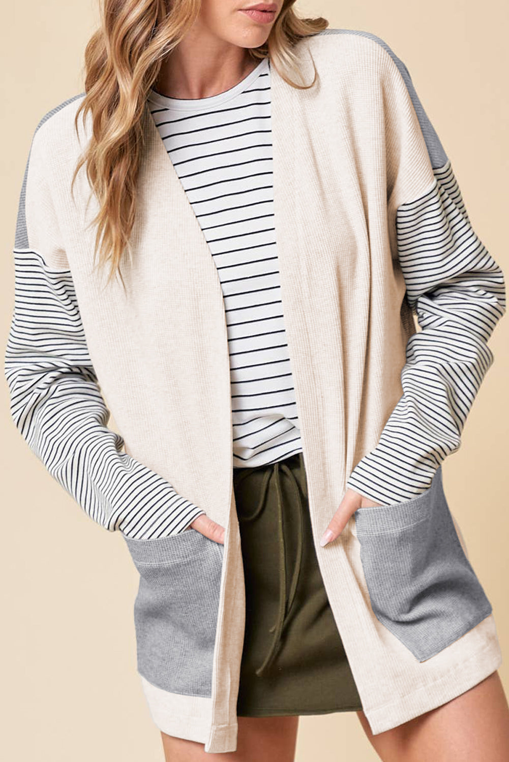 Black Stripe Colorblock Patchwork Open Front Cardigan with Pocket - Snoopy's Closet