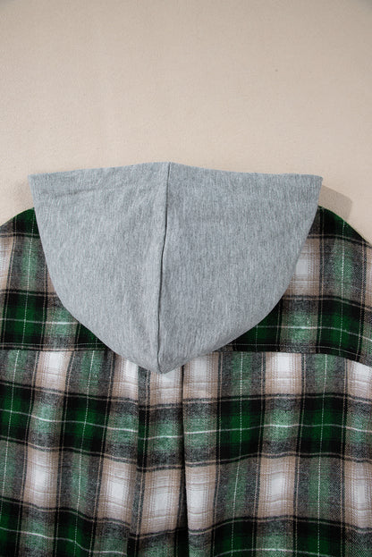 Sobrecamisa con Capucha Abotonada y Bolsillo en el Pecho con Estampado de Cuadros Verdes