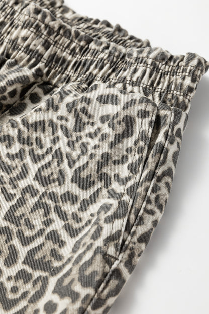 Pantalones Vaqueros Estampado Leopardo Marrón con Bajo Deshilachado y Cintura Elástica Sueltos