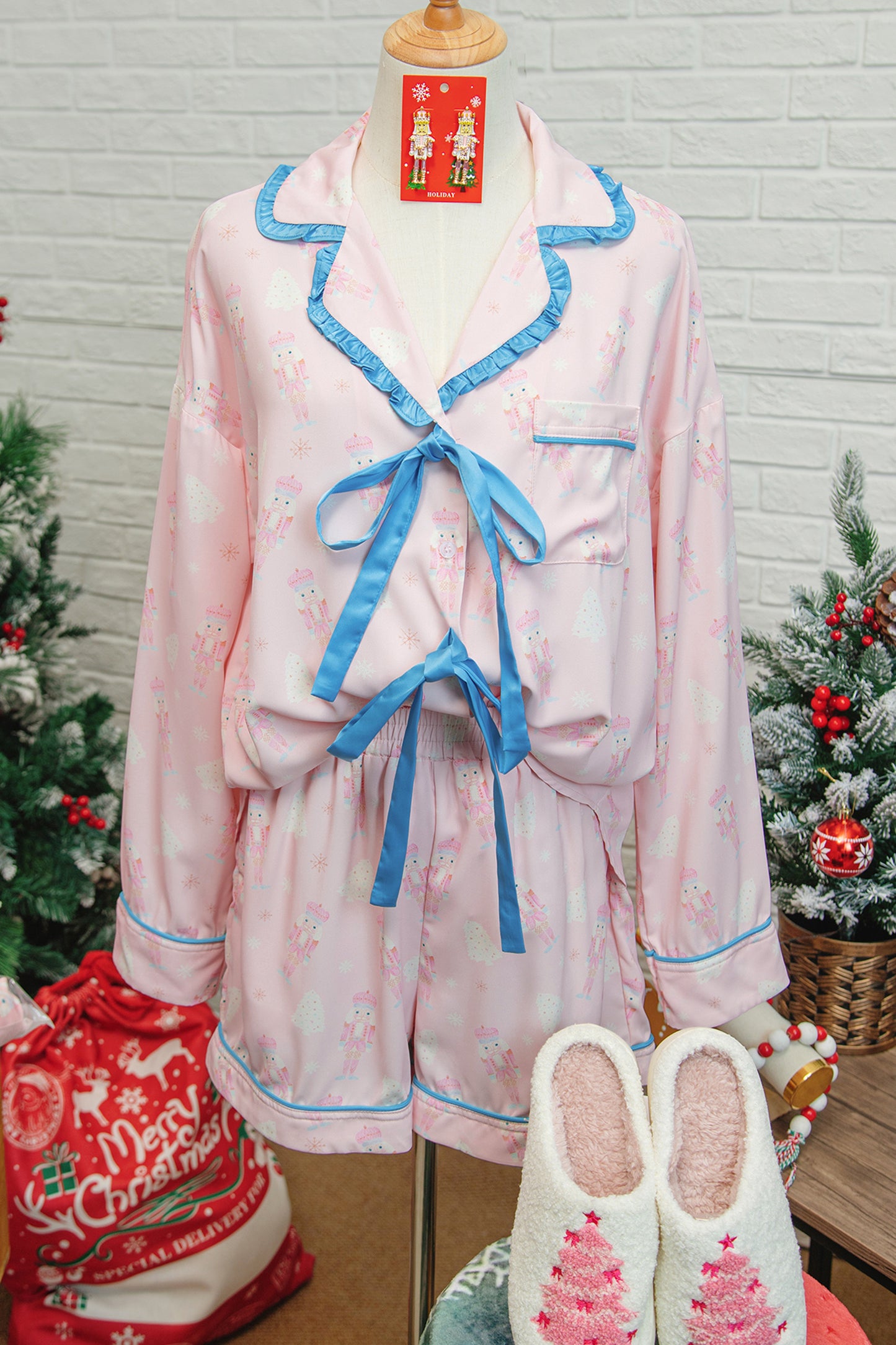Pink Bow Tie Front Christmas Nutcracker Long Sleeve Shirt Shorts Pajama Set - Snoopy's Closet