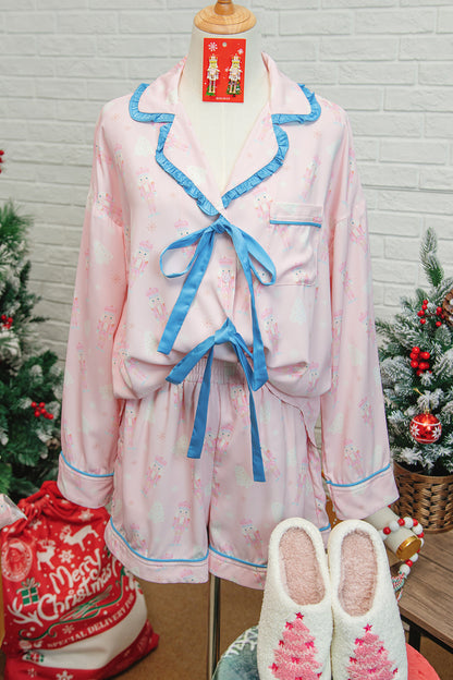 Pink Bow Tie Front Christmas Nutcracker Long Sleeve Shirt Shorts Pajama Set - Snoopy's Closet