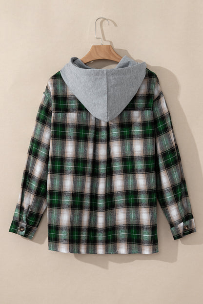Sobrecamisa con Capucha Abotonada y Bolsillo en el Pecho con Estampado de Cuadros Verdes