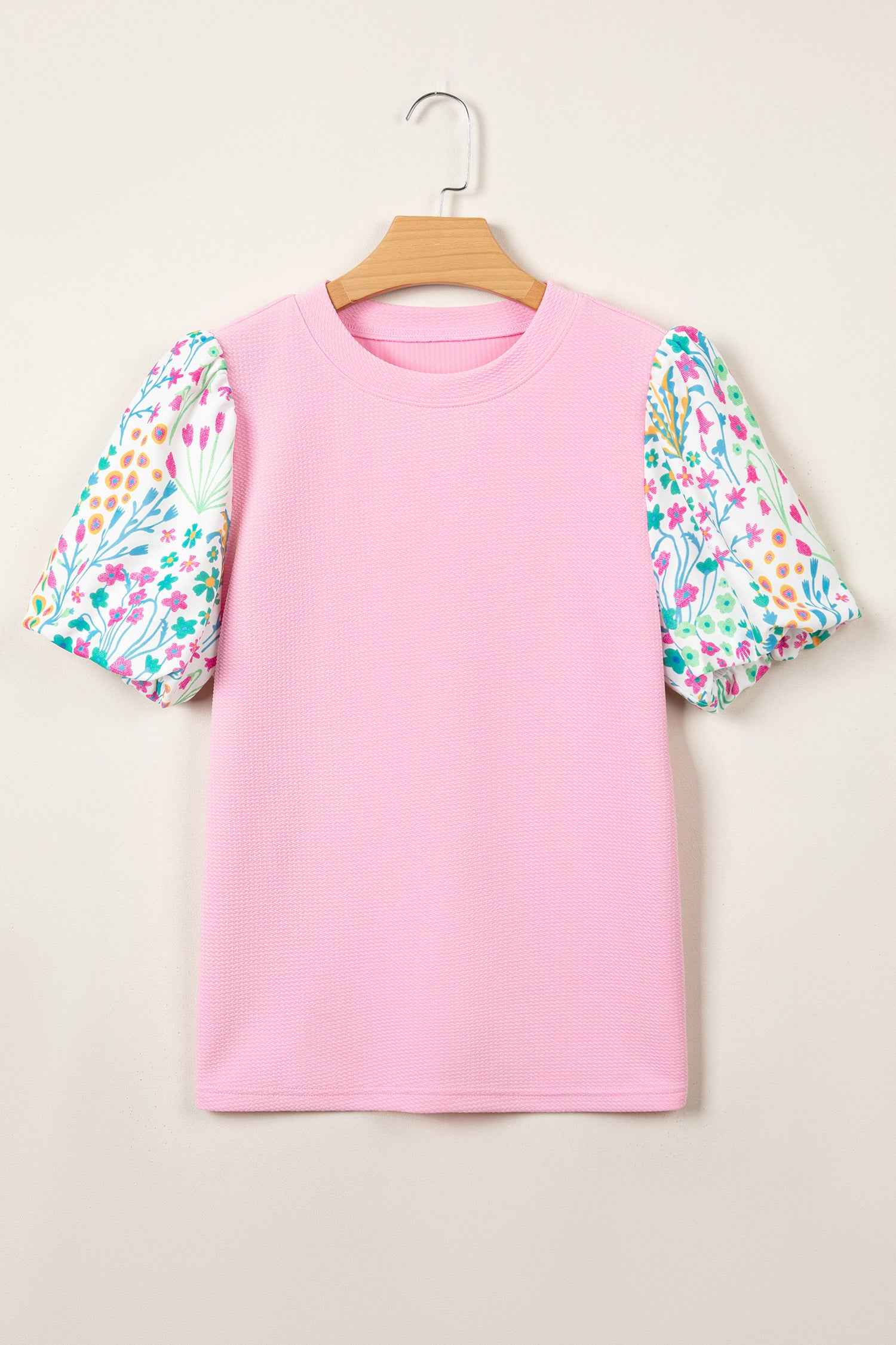 Pink Round Neck Textured Contrast Floral Bubble Sleeve Blouse
