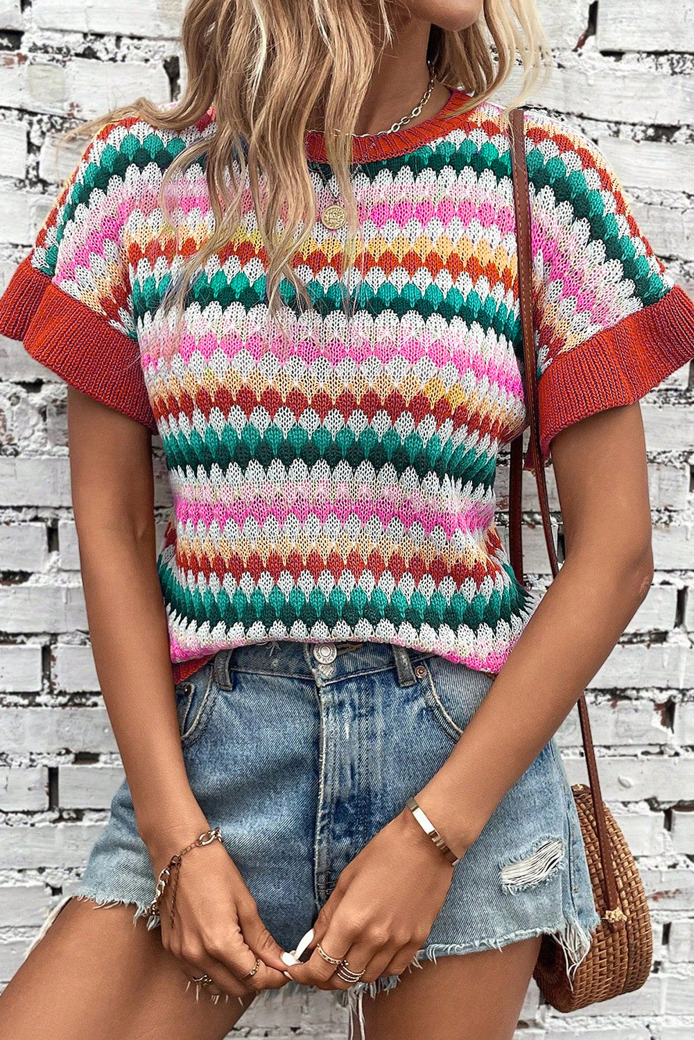 Fiery Red Trimmed Ruffle Sleeve Colorful Textured Sweater - Snoopy's Closet