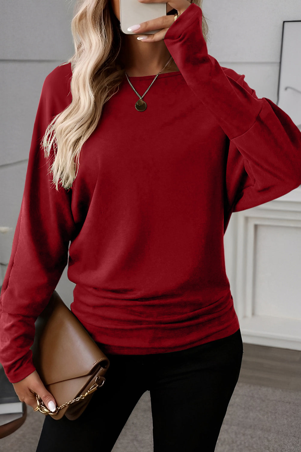 Red Dahlia Solid Color Extended Cuffs Long Sleeve Top - Snoopy's Closet