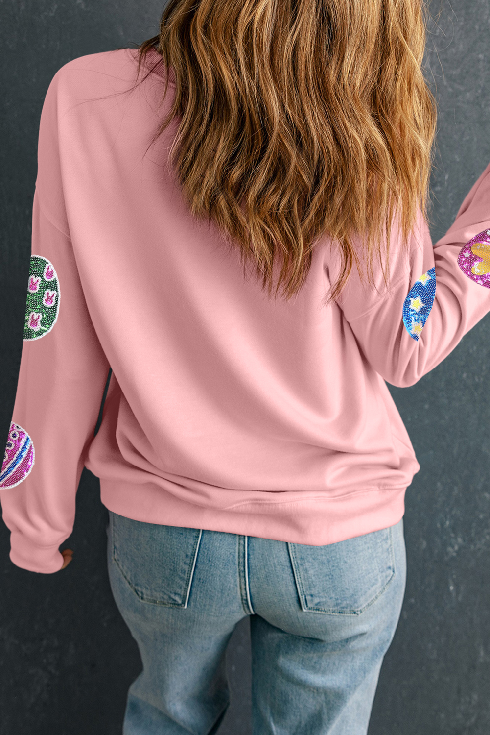 Pink Sequined Easter Egg Patched Pullover Sweatshirt - Snoopy's Closet