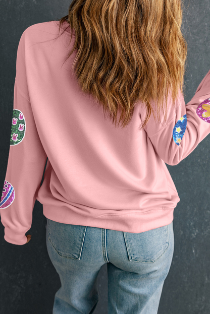 Pink Sequined Easter Egg Patched Pullover Sweatshirt - Snoopy's Closet