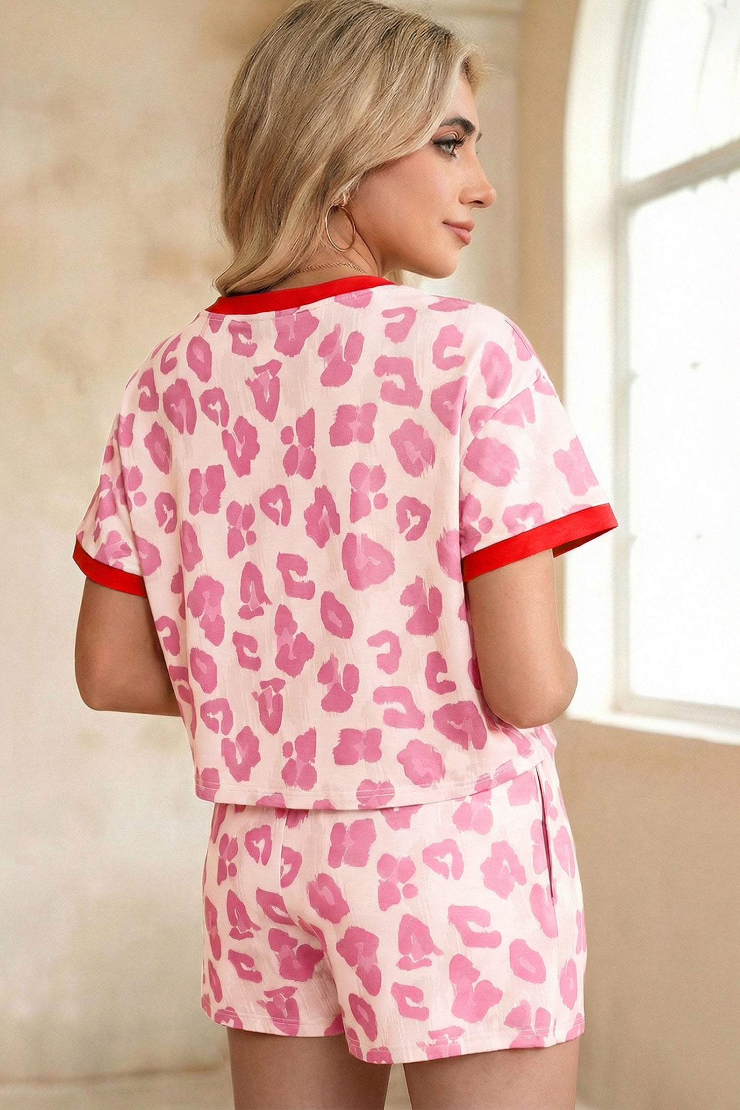 Rose Unique Leopard Print Contrast Trim Top Loose 2pcs Short Set - Snoopy's Closet