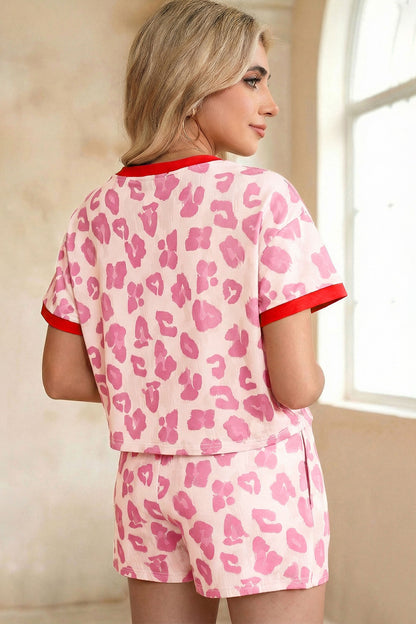 Rose Unique Leopard Print Contrast Trim Top Loose 2pcs Short Set - Snoopy's Closet