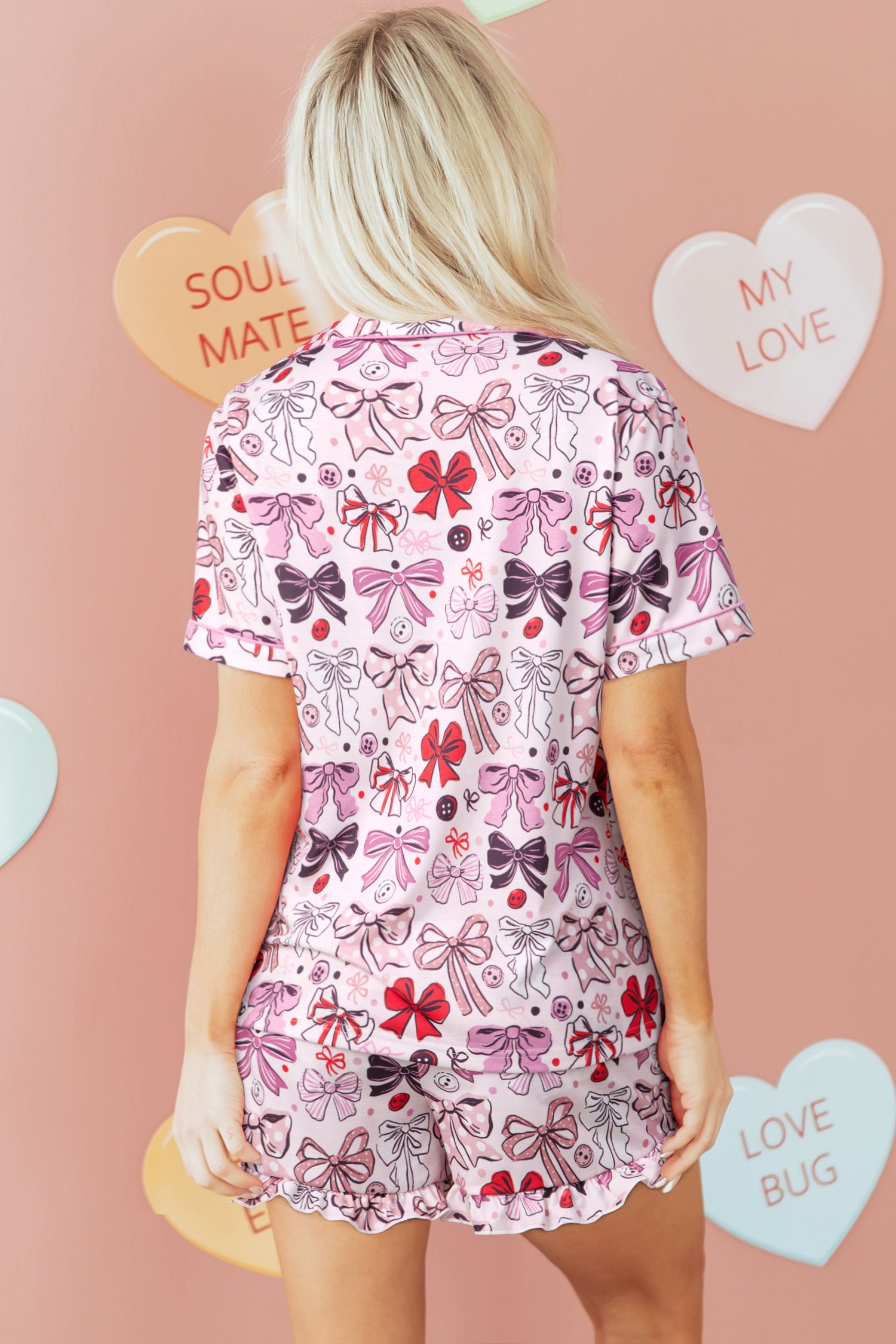 Pink Cute Ribbon Bows Printed 2pcs Short Pajama Set - Snoopy's Closet