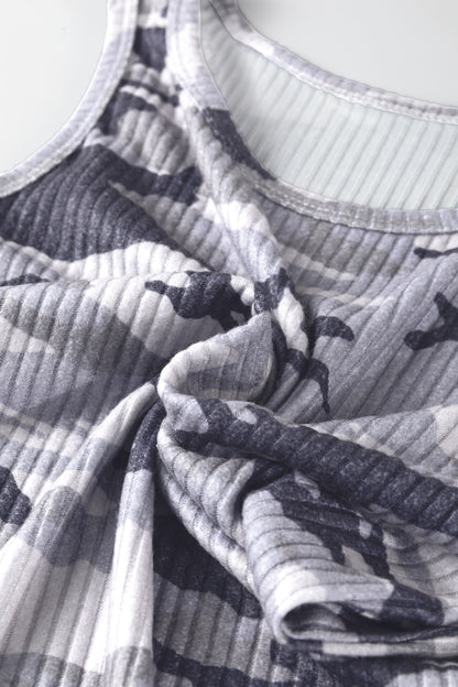 Gray Camouflage Print Ribbed Knit Round Neck Tank Top - Snoopy's Closet