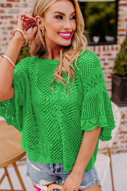 Green Pointelle Knit Scallop Edge Short Sleeve Top - Snoopy's Closet