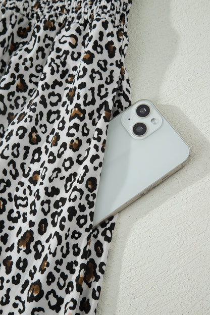 Beige Leopard Zip Front V Neck Cinched Waist Sleeveless Maxi Dress
