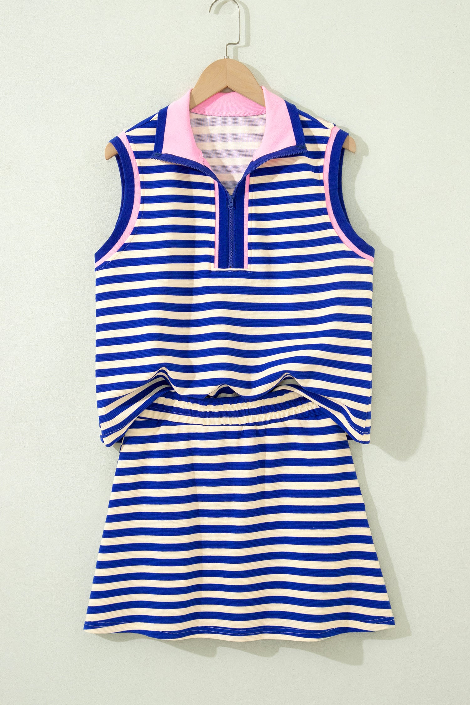 Dark Blue Textured Stripe Print Contrast Trim Zip Collar Sleeveless 2pcs Skort Set - Snoopy's Closet