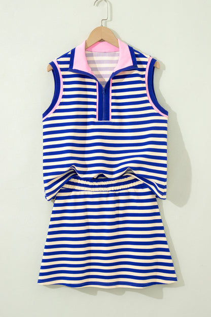 Dark Blue Textured Stripe Print Contrast Trim Zip Collar Sleeveless 2pcs Skort Set - Snoopy's Closet