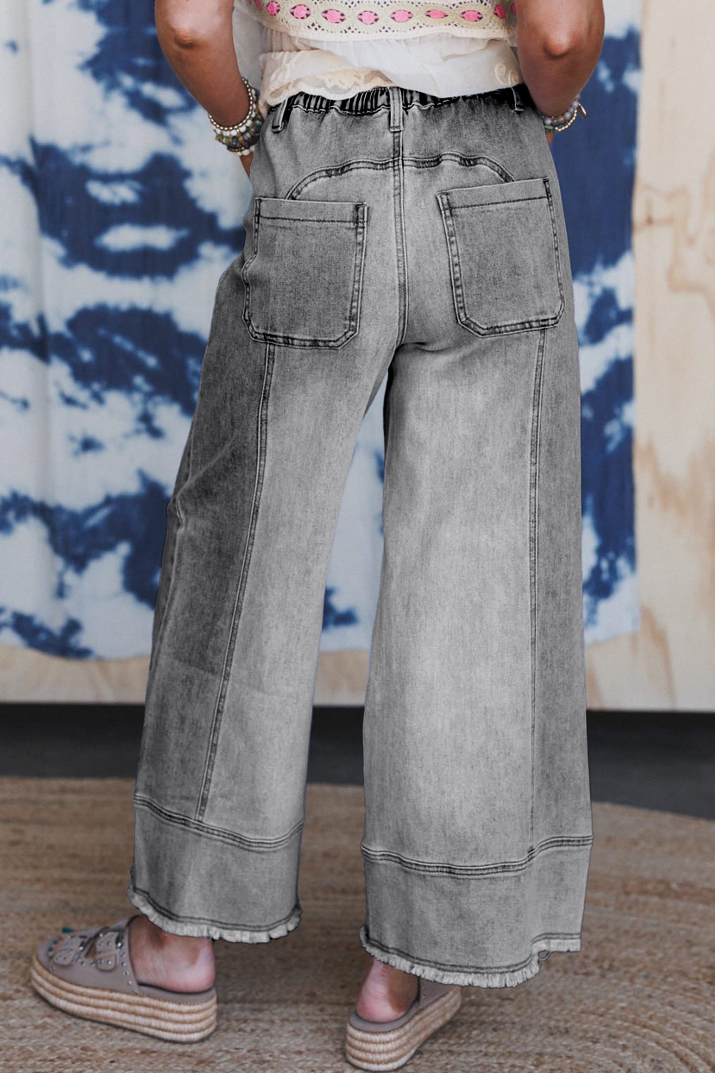 Pantalones Anchos Vaqueros Grises con Cordón, Detalle de Costura y Bajo Sin Rematar