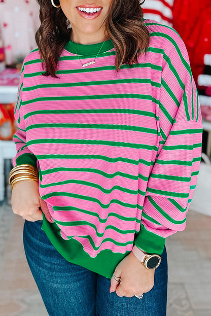 Sudadera de cuello redondo de punto gofre a rayas rosadas de talla grande