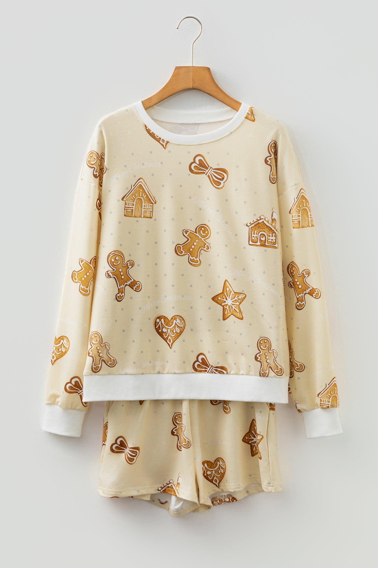 Beige Gingerbread Man Christmas Print Long Sleeve Pullover Lounge Short Set - Snoopy's Closet