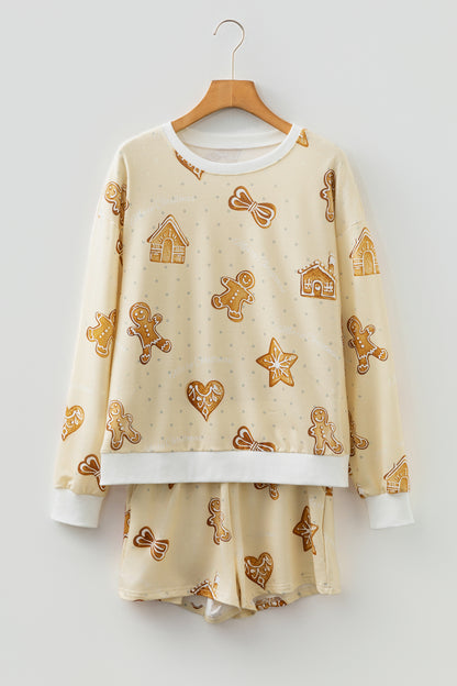 Beige Gingerbread Man Christmas Print Long Sleeve Pullover Lounge Short Set - Snoopy's Closet