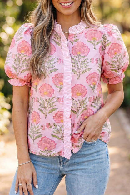 Camisa de manga abullonada con volantes y rayas Pink Sweet Blooms