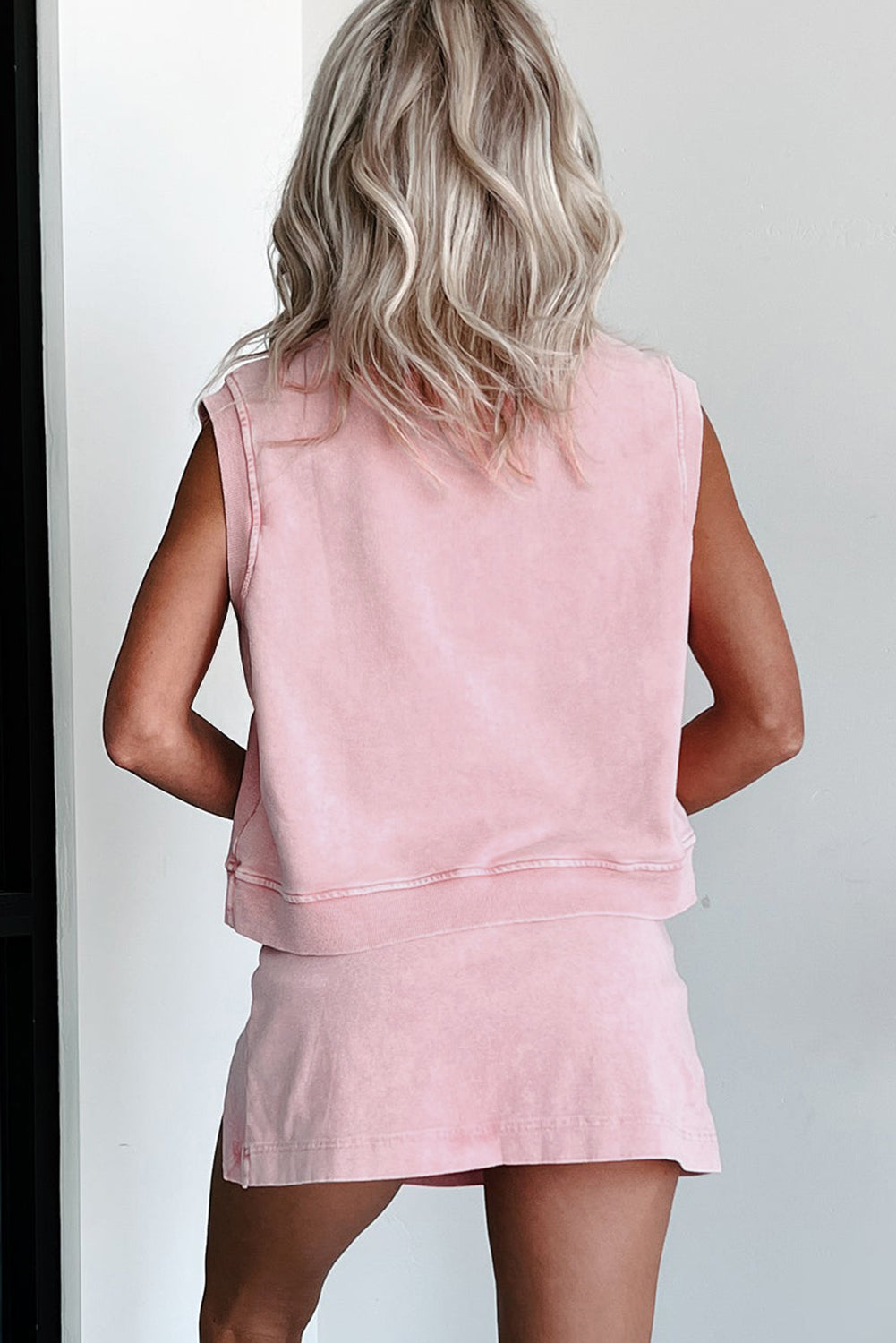 Light Pink 2 Pieces Mineral Wash Cotton Tank Top Lined Split Skirt Set - Snoopy's Closet